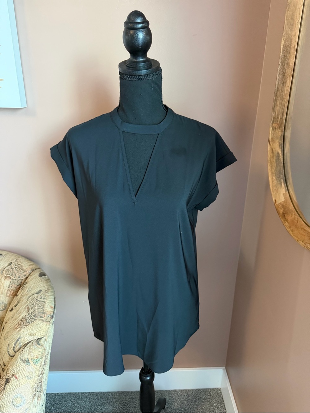 Express Black Short Sleeve V-Notch Top with Mock Neck